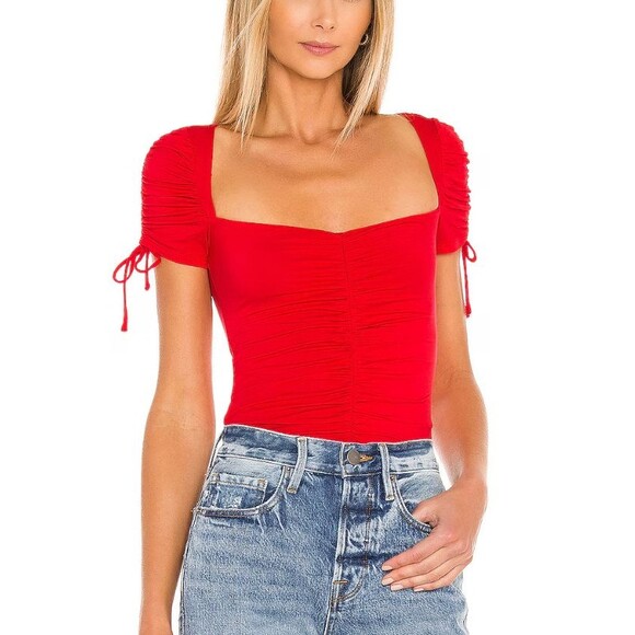 Lovers and Friends Jupiter Bodysuit Size S Red Square Neck Ruched Knit - Picture 4 of 16